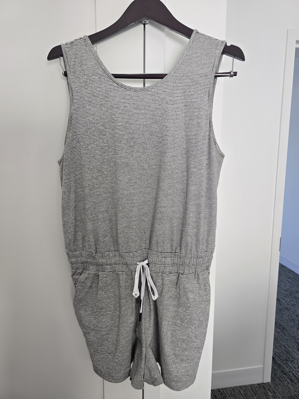 Sleeveless Striped Drawstring Romper in Gray